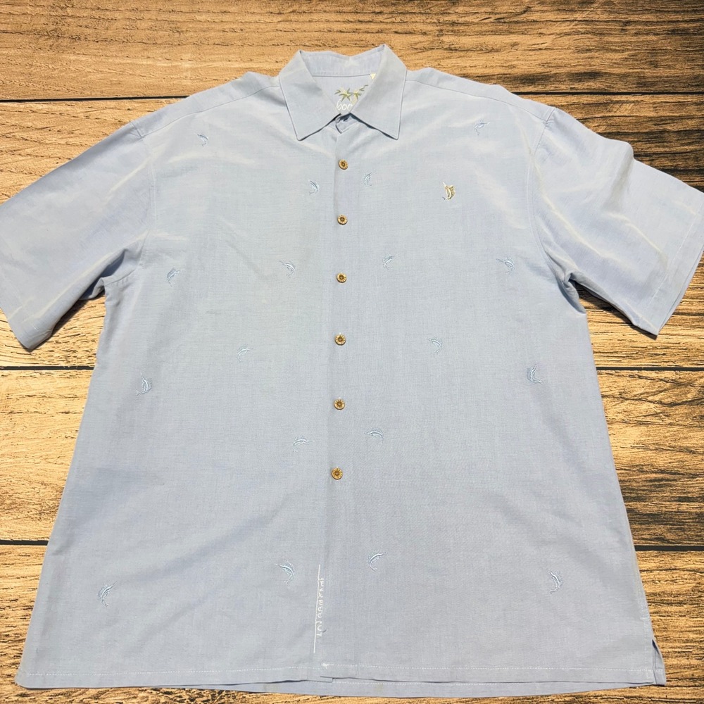 Bamboo Cay Camp Shirt Mens Large Blue Marlin Embroidered Tropical Fishing S/S